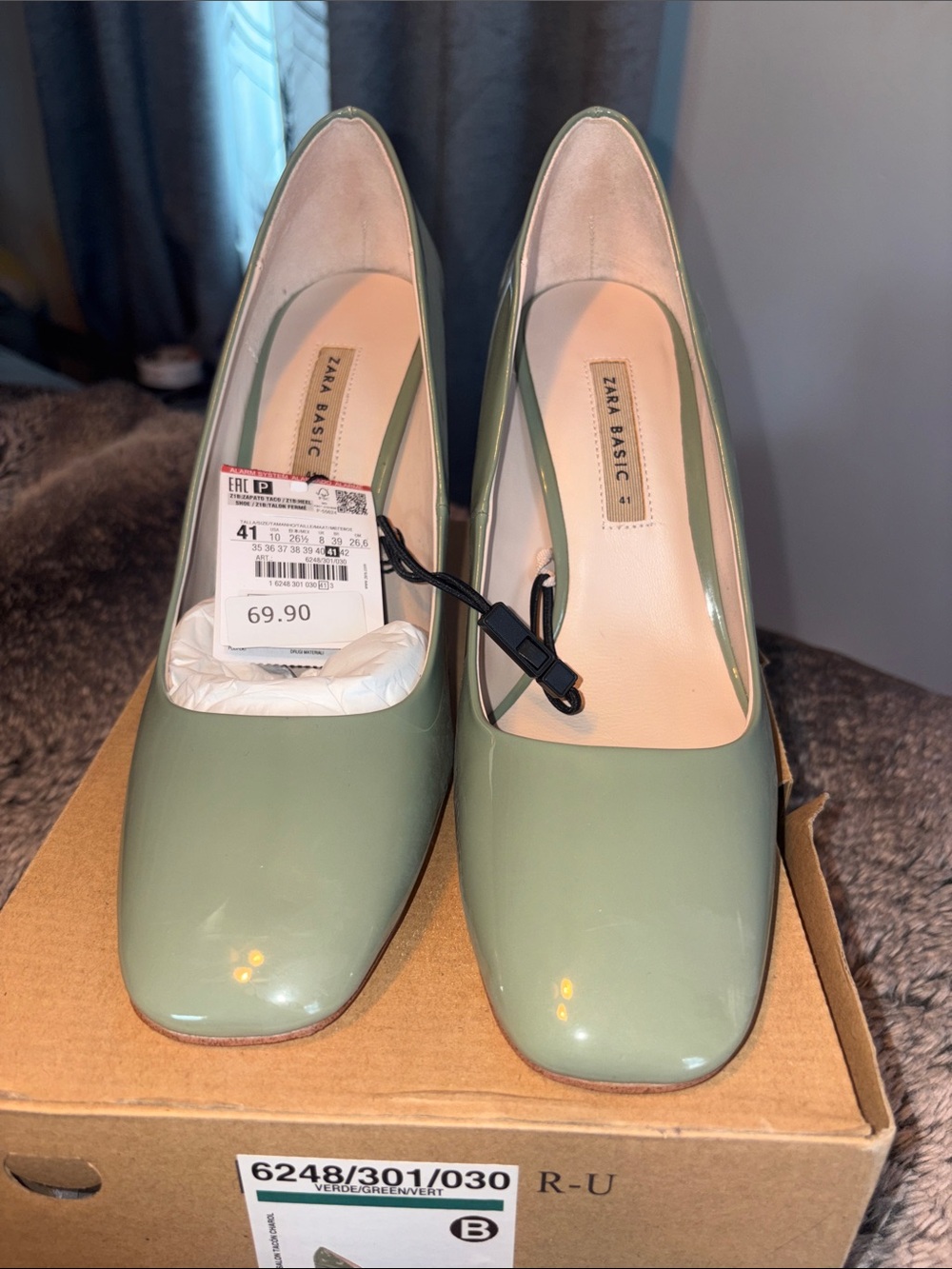 Zara Patent Sage Green Square-Toe Pumps- 4 inch heel